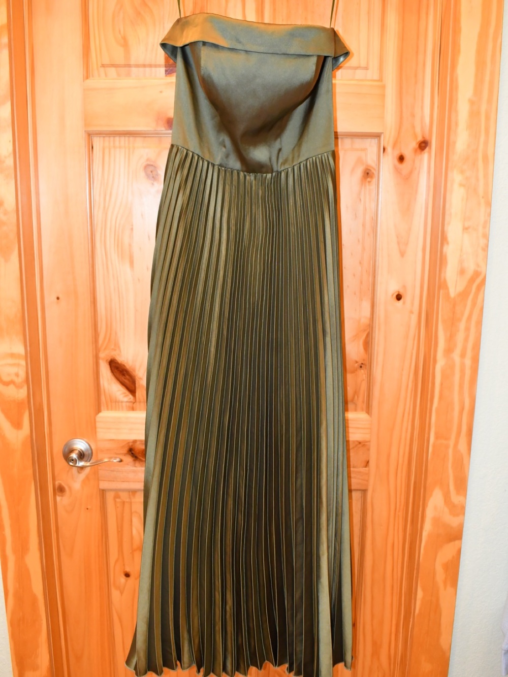 Revelry Saylor Satin Pleated Strapless Maxi Dress in Deep Olive Green 6 - Picture 2 of 12